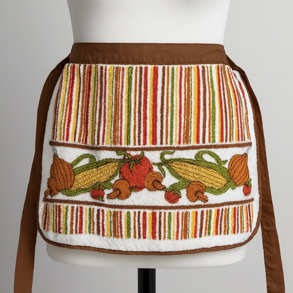 VTG 60’s 70’s Cottagecore Terry Cloth Half Apron Striped with Vegetable Design
